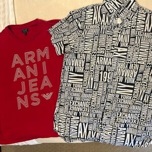 AX/ Armani Exchange blue and white short sleeve button down shirt and red tshirt